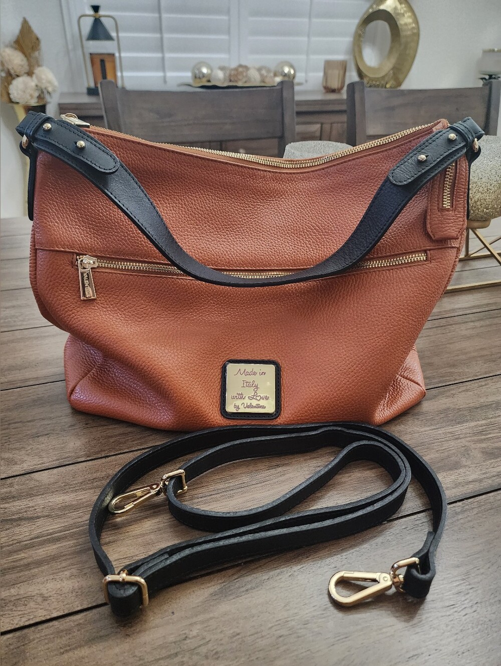 Valentina Made In Italy Brown Leather Hobo Bag with Black Crossbody Strap